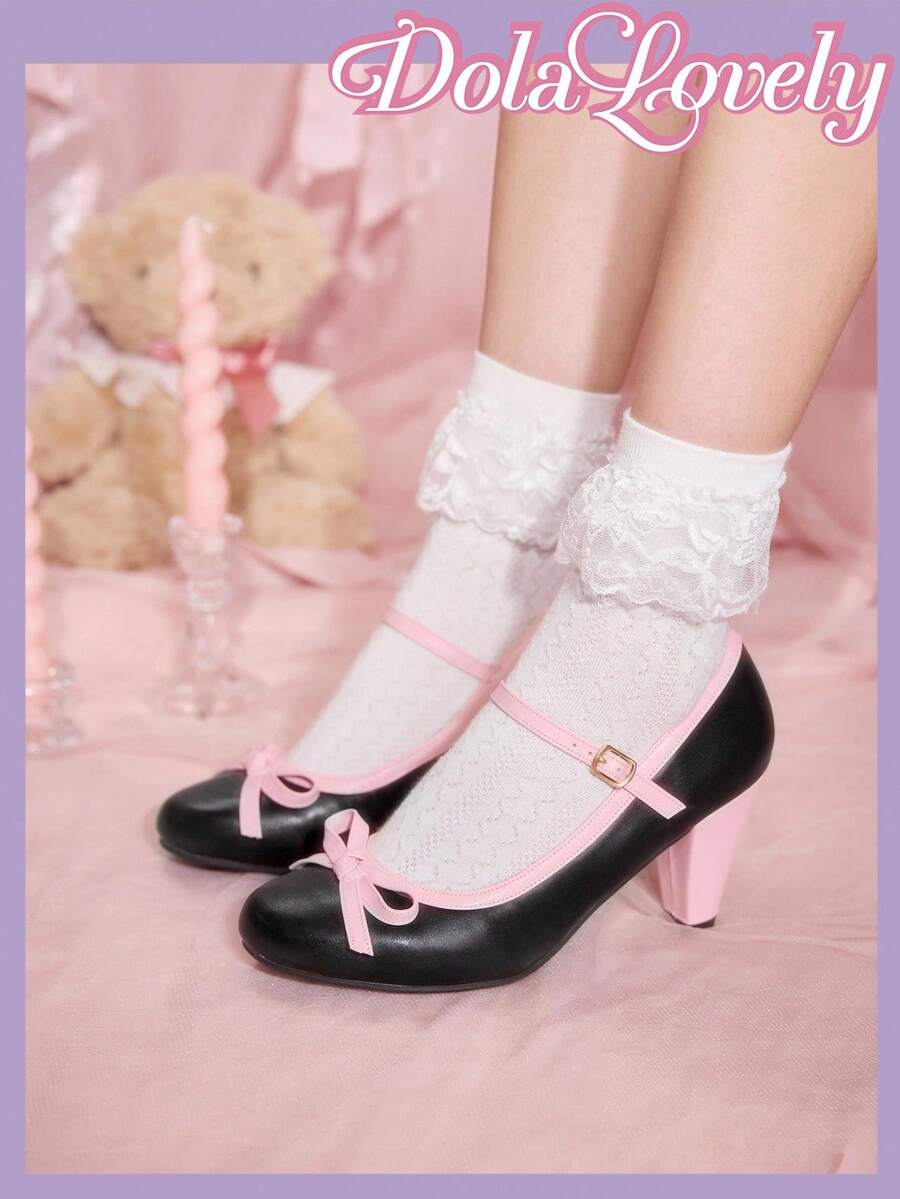 Dola Lovely 女士经典复古玛丽珍圆头花卉图案高跟鞋 - 黑色 - 查看 1