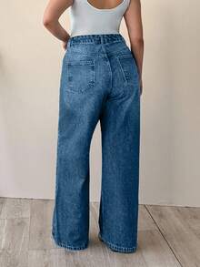 EURMUSE 100% Cotton Plus High Waist Asymmetric Belt Wide Leg Jean - Baby Blue - View 2