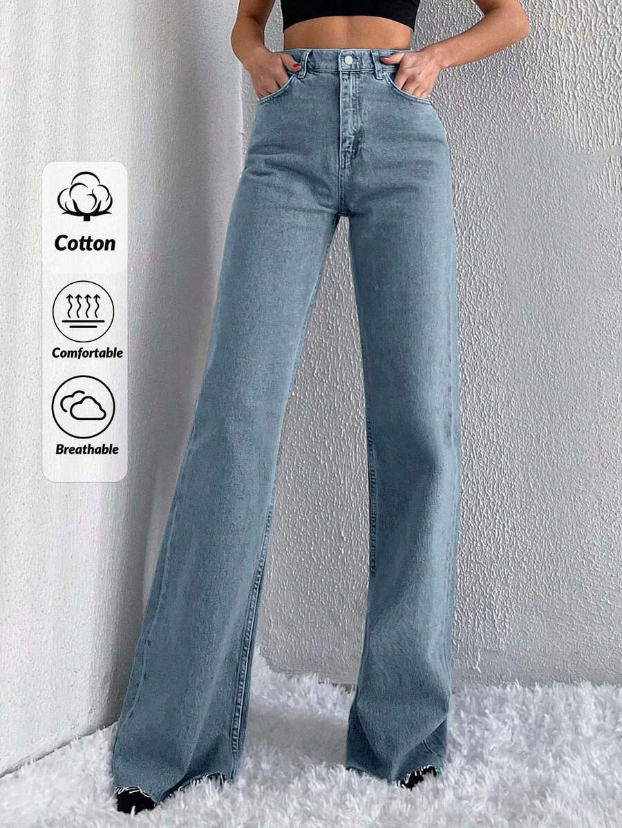 SHEIN Tall 100%纯棉高腰毛边阔腿牛仔裤 - 淺色水洗藍 - 查看 1