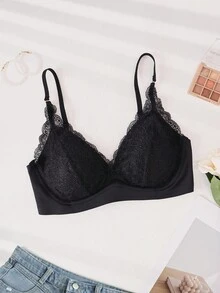 SHEIN 1pc Women's Lace Patchwork Wireless Bra - Black - View 4