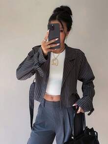 Siren Gaze Women's Gray Striped Short Windbreaker Jacket In Fall/Winter Casual
