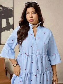 Zelara 大码女装秋冬连衣裙女万圣节服装秋季白蓝条纹V领七分袖宽松长裙 - 彩色 - 查看 7