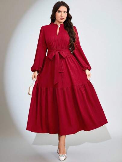 Modelyn 大码女式优雅纯色腰带连衣裙