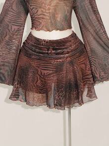 SHEIN ICON 大码女式喇叭袖音乐节豹纹衬衫，豹纹褶饰腰部开衩 A 字迷你裙套装，适合派对、约会、街头、城市度假、音乐节、夏季海滩 - 棕色 - 查看 3