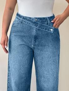 EURMUSE 100% Cotton Plus High Waist Asymmetric Belt Wide Leg Jean - Baby Blue - View 4