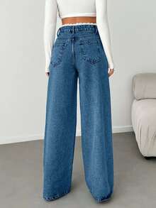 EURMUSE WOMEN DENIM WIDE LEG MID WAIST LACE BELT DETAIL JEANS - Blue - View 2