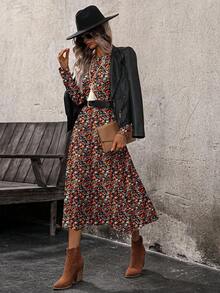 SHEIN LUNE 女式复古碎花迷你花卉长袖圆领连衣裙 - 彩色 - 查看 6