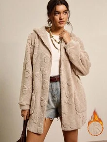 Freevana 大码女装优雅灰色连帽长款毛绒外套圣诞节女装秋冬加厚保暖外套秋冬加厚双层保暖夹克女装秋季几何图案双面连帽带口袋夹克 - 灰色 - 查看 7