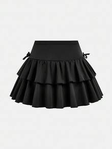 SHEIN Girlism 青少年女孩休闲装、运动装、学校装、返校装、黑色内裤搭配荷叶边下摆溜冰裙，春夏季 - 黑色 - 查看 2