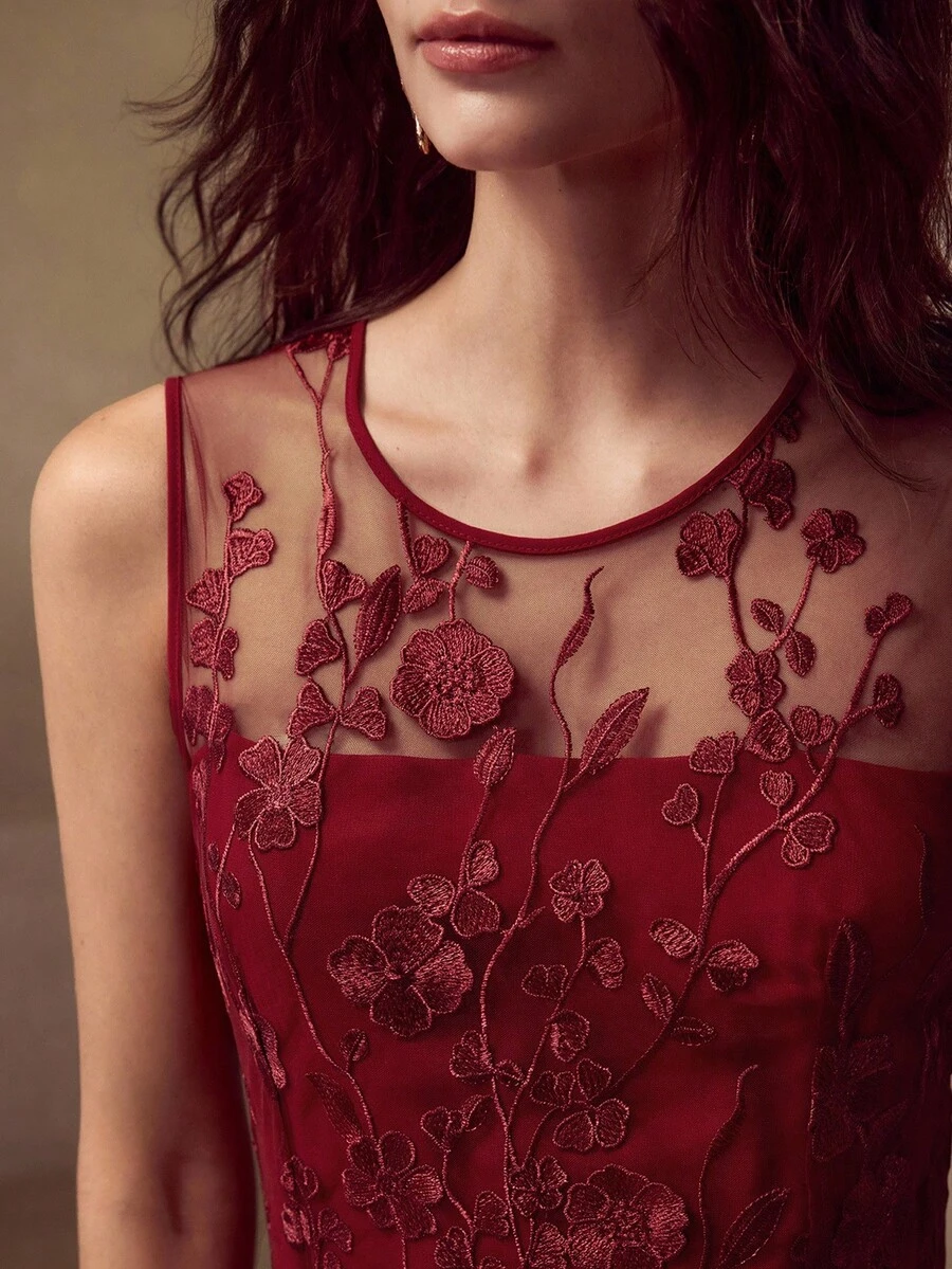 MOTF PREMIUM WOMEN'S EMBROIDERY FLORAL MESH OVERLAY STEREO FLOWER DETAIL LONG DRESS - Burgundy - View 2
