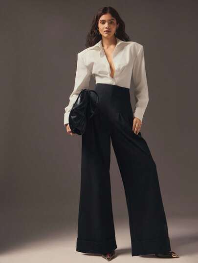 Hauture Calça Longa Casual de Escritório Feminina de Cintura Alta com Pregas e Perna Larga