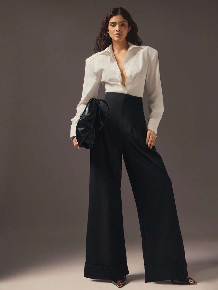 Hauture 女士办公室休闲高腰褶皱阔腿长裤 - 黑色 - 查看 1