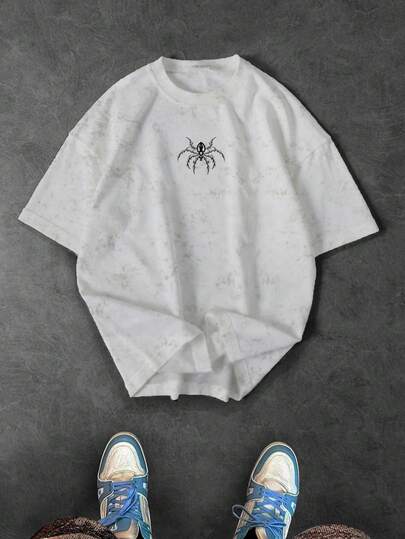 Sport MetroGents 男士休闲时尚街头蜘蛛印花水洗落肩宽松运动T恤，夏季
