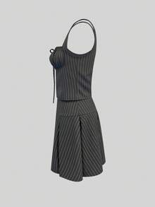 INAWLY Set de 2 piezas para mujer con top sin mangas de unicolor con tirantes gruesos y falda con dobladillo con volantes - Negro - Ver 3