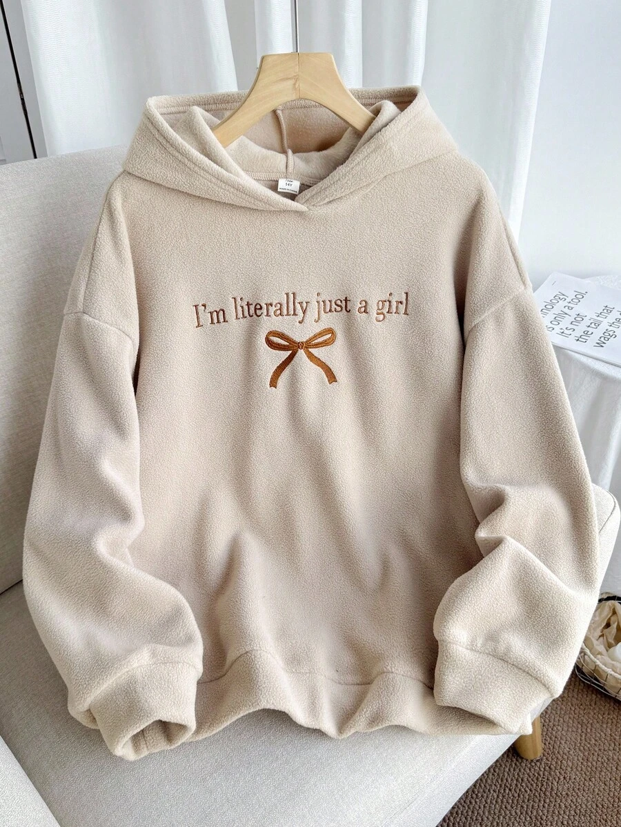 少女卡其色休闲甜美宽松大码爱心刺绣卫衣秋冬格兰诺拉女孩服装蝴蝶结卫衣女孩卫衣女孩服装秋季可爱卫衣 - 卡其色 - 查看 1