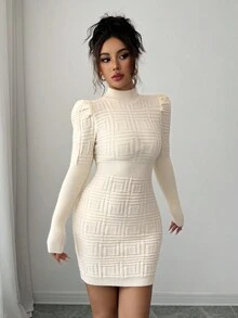Elenzga Vestido de suéter de mujer con cuello alto, elegante, de Body ceñido, con textura acanalada y cintura acanalada - Albaricoque - Ver 8