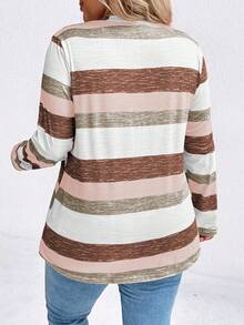 Plus Size Colorblock Striped Long Sleeve T-Shirt, Casual For Autumn Tees Women Tops For Spring - Khaki - View 2