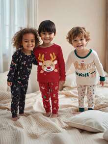 Snug Fit Pajama Set For Toddler Boys,Red Autumn Graphic Long Sleeve Top And Pants,Christmas Reindeer Gingerbread Man Letter Puppy Print Lounge Wear - Multicolor - View 7