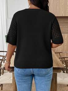 EMERY ROSE Plus Size Casual Hollow Out Round Neck Short Sleeve Blouse - Black - View 2