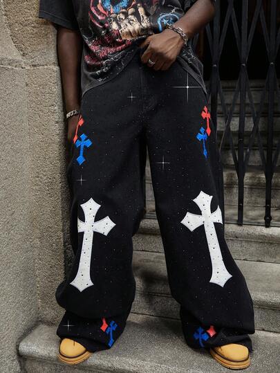 Street Life Men's Loose Fit Rhinestone Cross Embellished Denim Jeans, Grunge