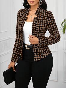 SHEIN Lady 2025 New Women's Elegant Work Houndstooth Print Open Front Thin Blazer, Women's Elegant Commuting Casual Classic Black And Brown Contrasting Check Pattern Fitted Blazer, Seasons Autumn,Cozy Fall And Winter New Year Thanksgiving - White - View 1