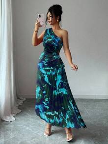 Elenzga 女款2025夏季优雅不对称肩部褶饰腰部镂空印花连衣裙 - 藍色 - 查看 5