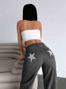 SHEIN JEAN ESTRELLA ESTILO CASUAL DE PIERNA ANCHA LAVADO DE MEZCLILLA GRIS OSCURO CON DETALLE DE ESTAMPADO EN LA ESPALDA - Gris Oscuro - Ver 4
