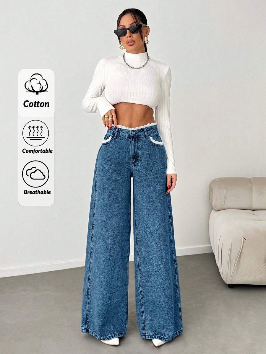 EURMUSE WOMEN DENIM WIDE LEG MID WAIST LACE BELT DETAIL JEANS - Blue - View 1