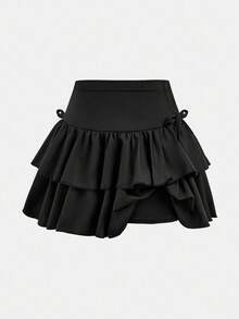 SHEIN Girlism 青少年女孩休闲装、运动装、学校装、返校装、黑色内裤搭配荷叶边下摆溜冰裙，春夏季 - 黑色 - 查看 5