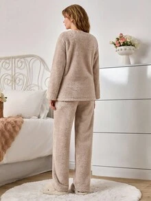 EURMUSE Embroidery Detail Pfleece Spfty Pajama For Winter - Beige - View 2