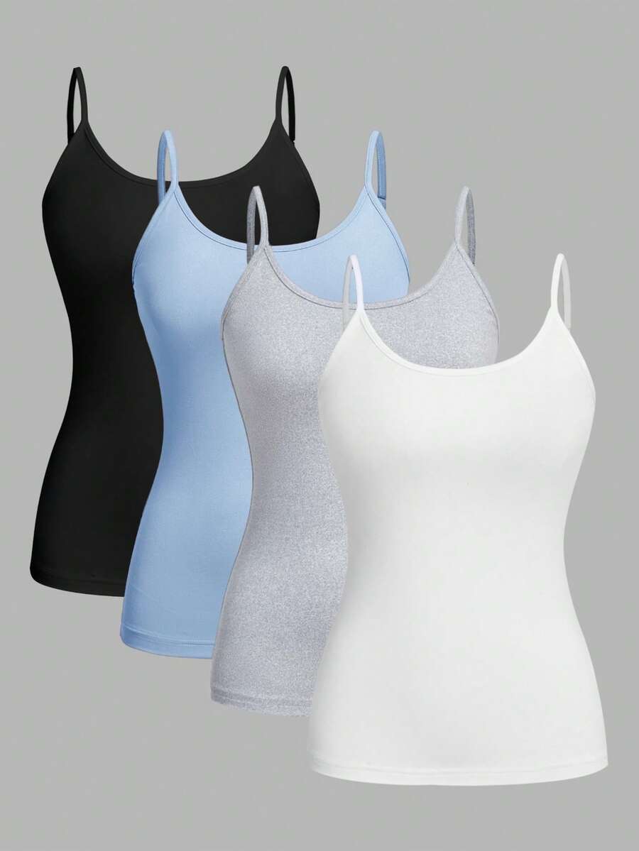 SHEIN EZwear 4 chiếc áo hai dây đơn giản, tối giản, đa năng, phù hợp cho mùa hè, ôm vừa vặn dành cho nữ - Nhiều màu - Xem 1