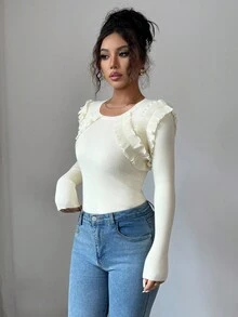 Elenzga Women's Elegant Romantic Ruffle Trim Crew Neck Sweater Fall Winter Cloth For Women - Apricot - View 4