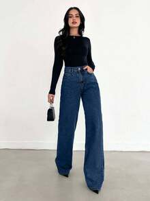 EURMUSE QUẦN JEAN XANH DƯƠNG CỠ CAO CHÂN RỘNG VÁY DÀI - 716 GR - Màu xanh hải quân - Xem 4