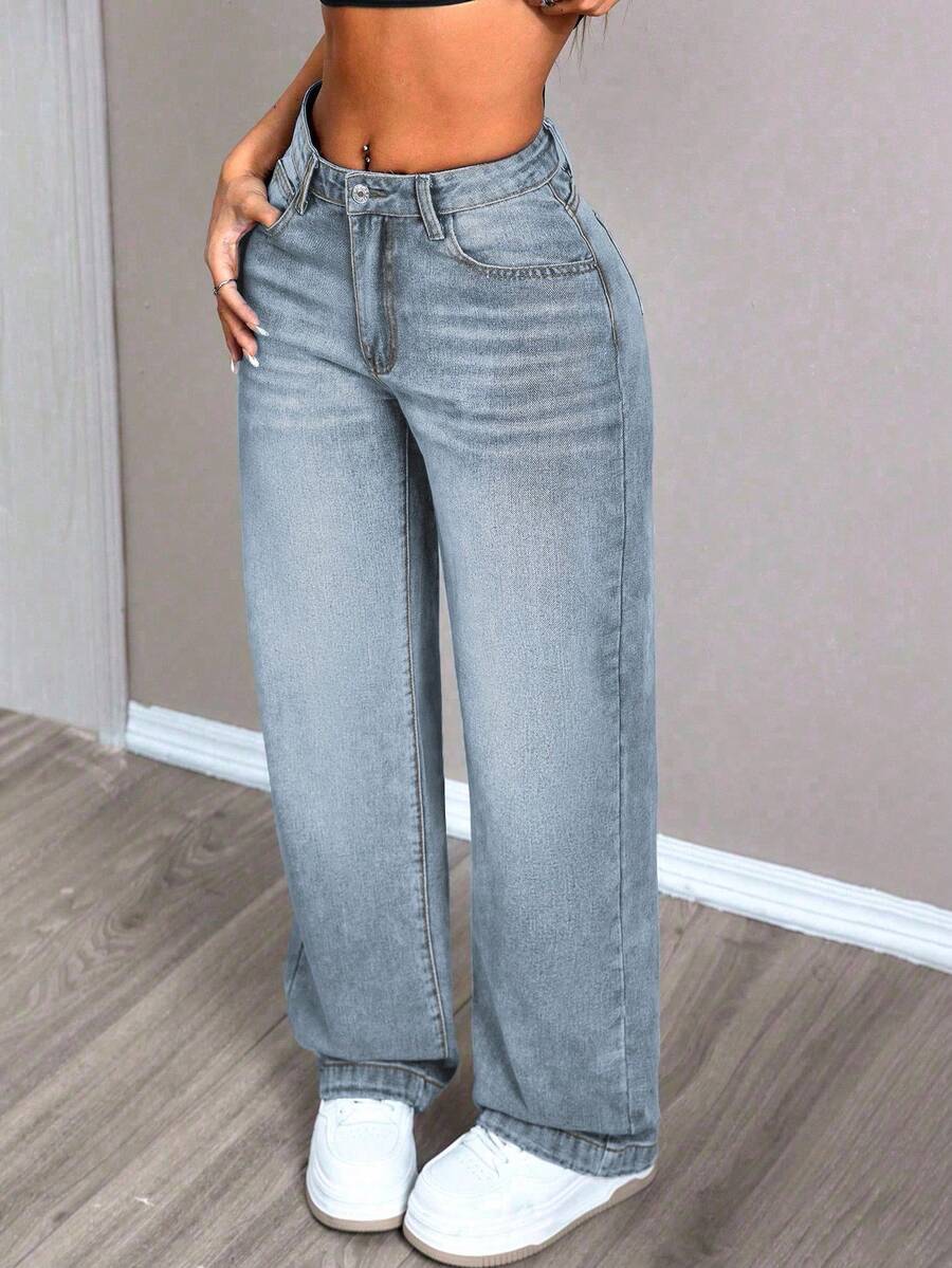 EURMUSE Jeans casual e ampi da donna con tasche, moda da strada - blu polveroso - Visualizzare 1