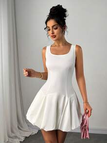 Women's Fashion Solid Color Ruffle Strap Mini Dress, Summer - White - View 3