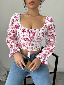 Rafferiza Women's White Ditsy Floral Flare Cuff Drawstring V-Neck Blouse - Red and White - View 6