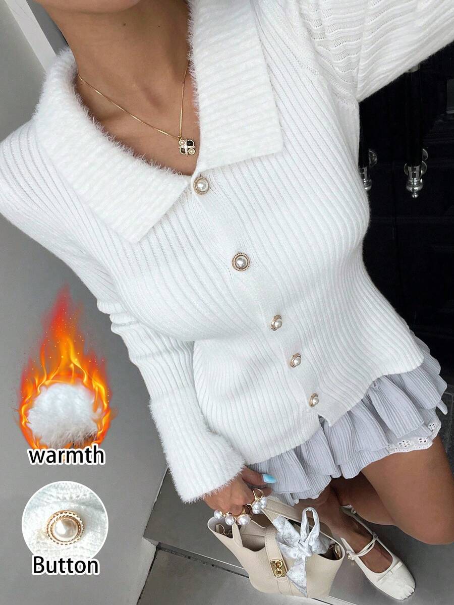 Chiquease Cárdigan de punto casual de un solo pecho de unicolor y manga larga para mujer, otoño - Blanco - Ver 1