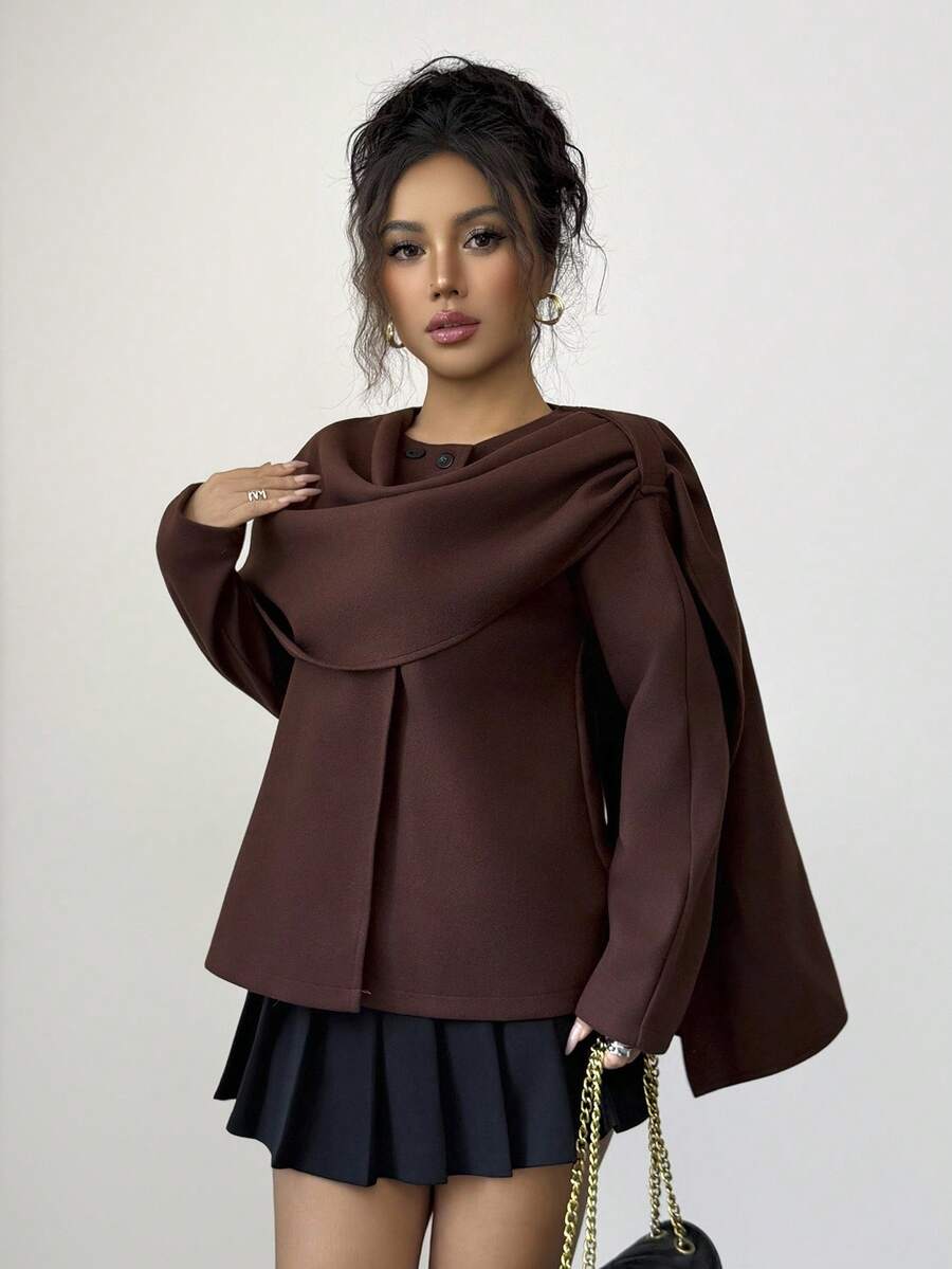 SHEIN Elenzya 秋冬复古巧克力色披肩领夹克 - 棕色 - 查看 1