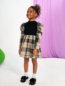 SHEIN Serisse Kids 少女格子羊腿袖立领连衣裙，适合日常休闲穿着，适合返校穿着 - 黑色 - 查看 4