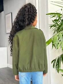 Tween Girl Plain Raglan Zip-Up Casual Versatile Jacket Fall Winter - Green - View 2