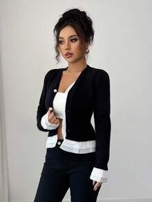 Elenzga Women's Elegant Ruffle Hem Colorblock Cardigan Sweater Fall Winter Cloth For Women - Black and White - View 4