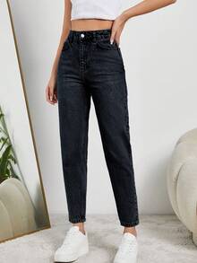 SHEIN Tall 妈妈装高腰浅蓝色牛仔裤 - 深灰色 - 查看 5
