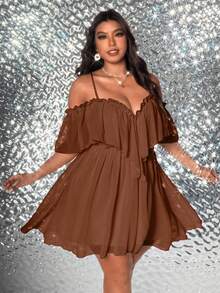 Viva Relle Plus Size Summer Elegant Off-Shoulder Ruffle Hem Dress - Brown - View 3