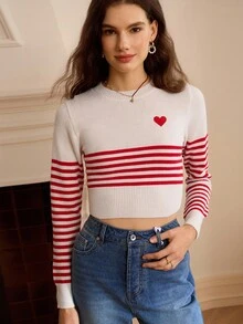 Penseblé 女式秋季长袖心形刺绣条纹套头衫 - 紅白色 - 查看 7