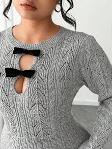 SHEIN Elenzya Women's Solid Color Bow Elegant Party Sweater Dress - Grey - View 6