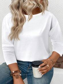 EMERY ROSE Women's Round Neck Long Sleeve All-Match Casual Plus Size T-Shirt, Suitable For Summer And Autumn - White - View 6