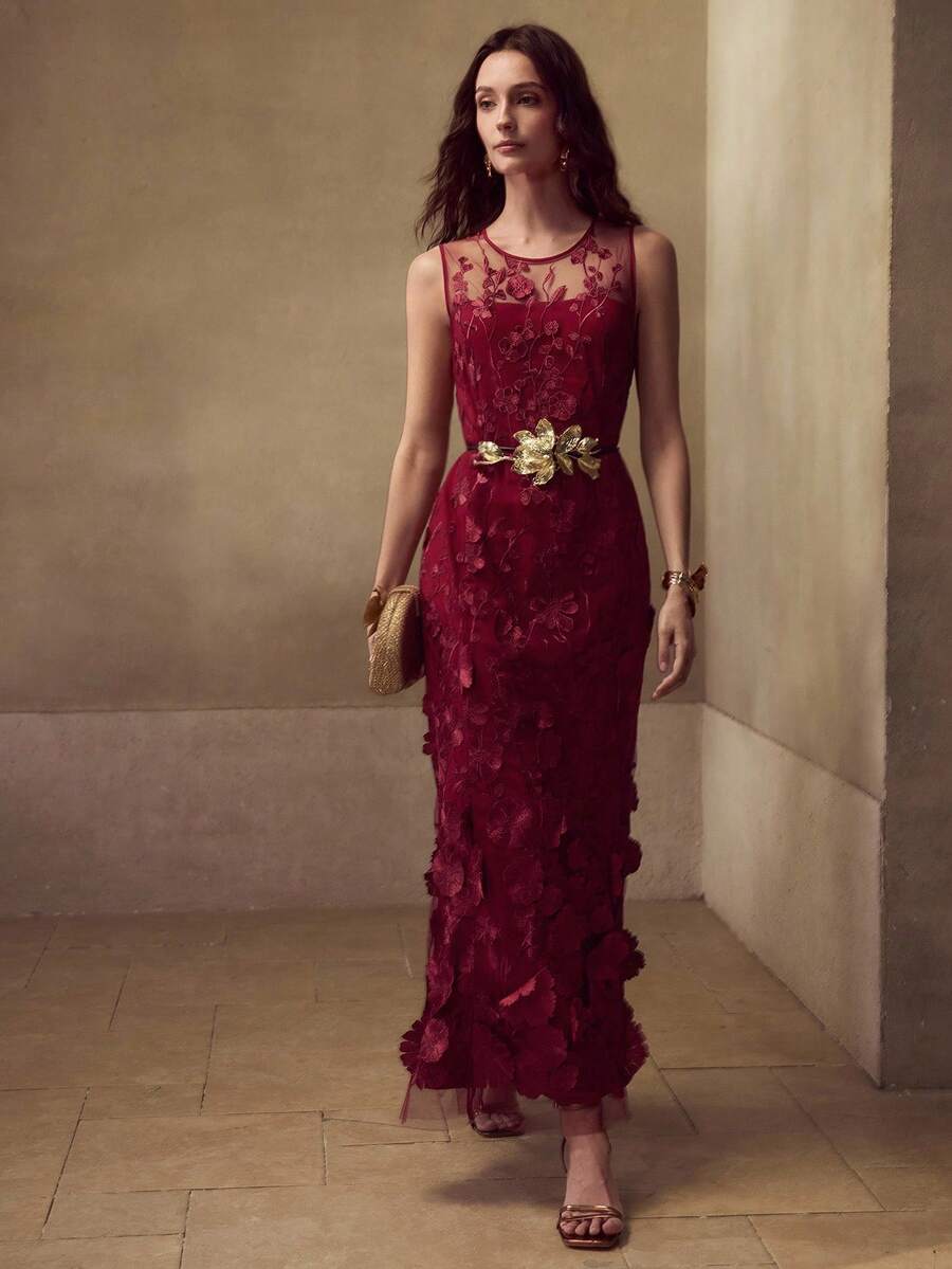 PREMIUM WOMEN'S EMBROIDERY FLORAL MESH OVERLAY STEREO FLOWER DETAIL LONG DRESS - Burgundy - View 1