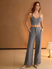 MOTF PREMIUM RHINESTONE DETAIL SHIRRED BACK CROP CAMI TOP & SLANT POCKET WIDE LEG PANTS SET - Grey - View 4