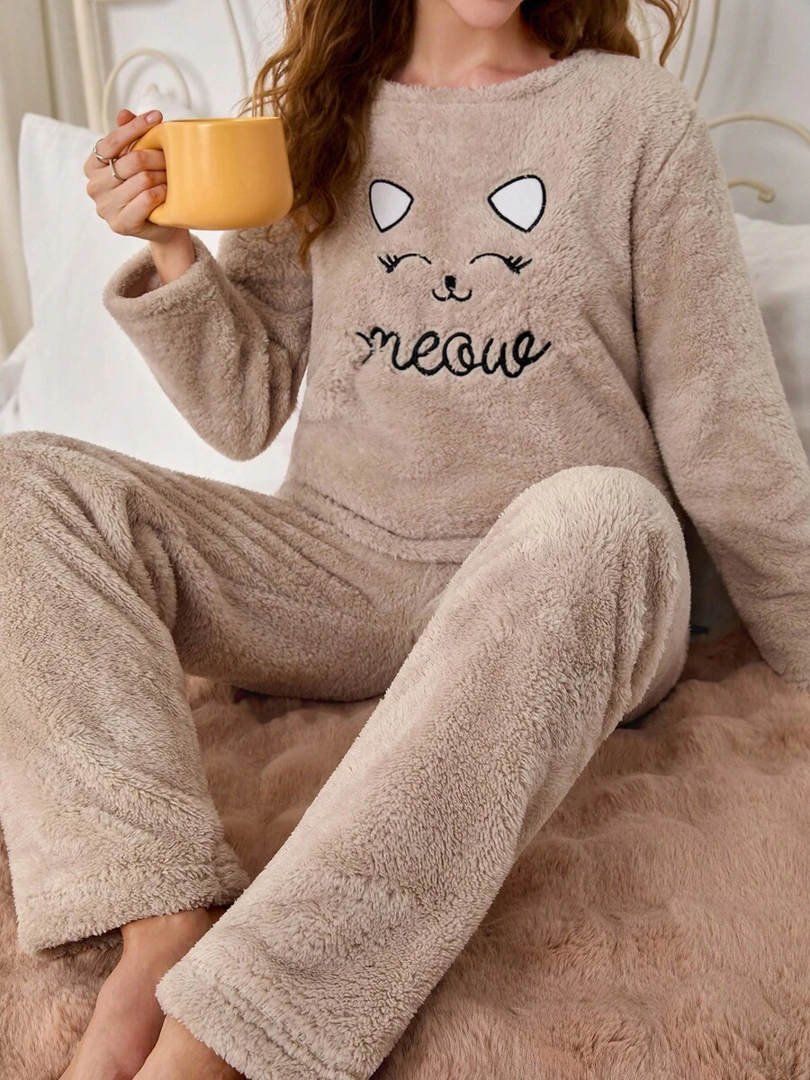 EURMUSE Embroidery Detail Pfleece Spfty Pajama For Winter - Beige - View 1