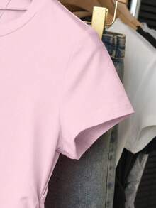 INAWLY Women's Casual Short Sleeve T-Shirt, Waist Cinching Slimming Design, Line & Bowknot Print, Letter Graphic, Youthful & Energetic - Pink - View 3